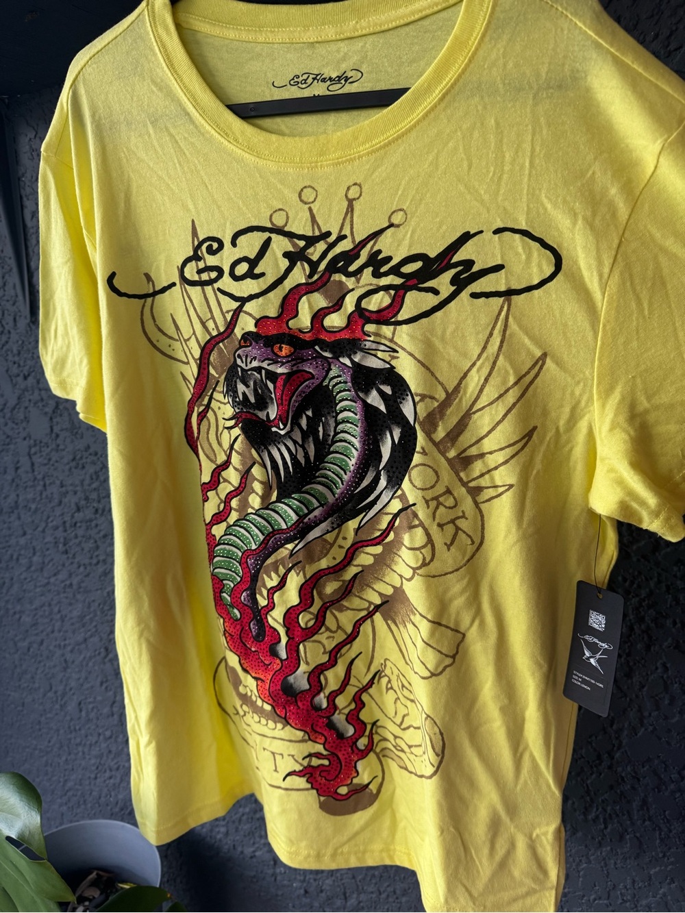 Ed Hardy Neon Yellow Tee with Red & Green Snake Graphic
